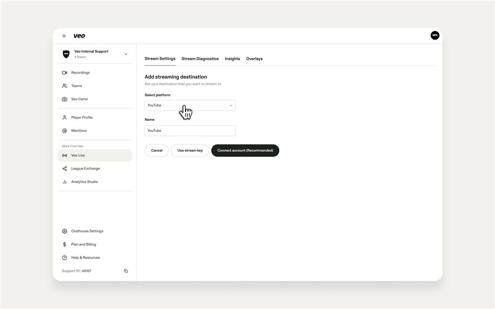 app.veo.co: adăugarea YouTube ca destinație de streaming