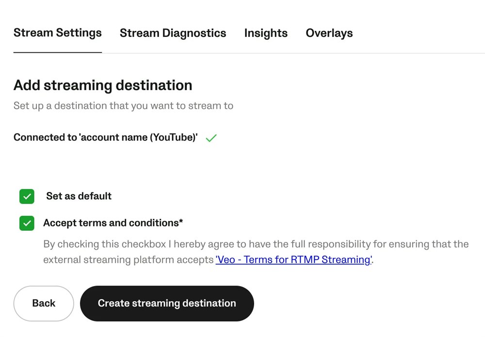 app.veo.co: acceptarea termenilor și butonul Create streaming destination