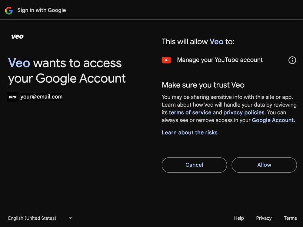 Fereastra Google în care acorzi Veo acces la contul de YouTube