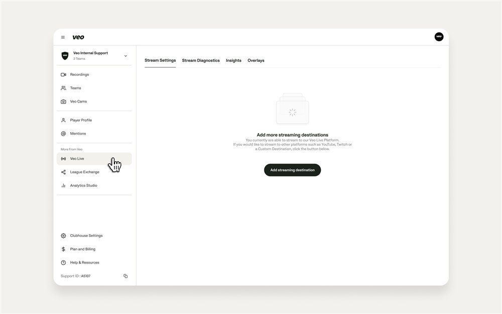 app.veo.co: secțiunea Veo Live, fila Stream Settings