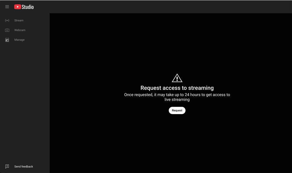 YouTube Studio: ecranul de solicitare a accesului la transmisii live